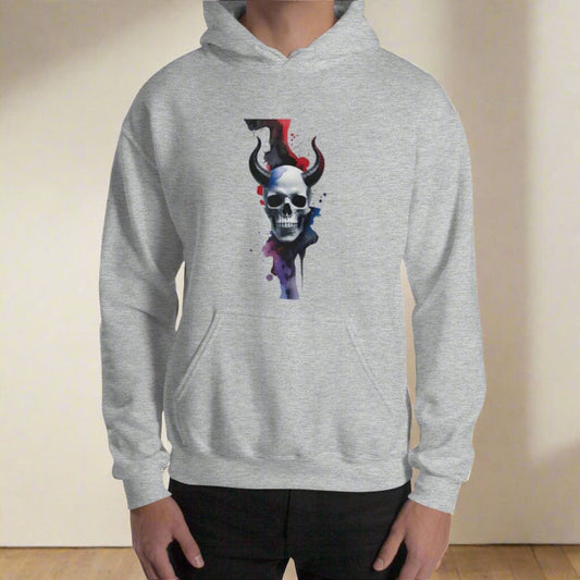 Skull with Devil Horns Hoodie - Paint Splash back Design Clothing Savvishly Savvique Sport Grey S 