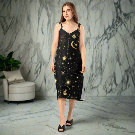Starry Nights Slip Dress - Gothic Celestial Midi Dress Women's Dresses Savvishly Savvique 