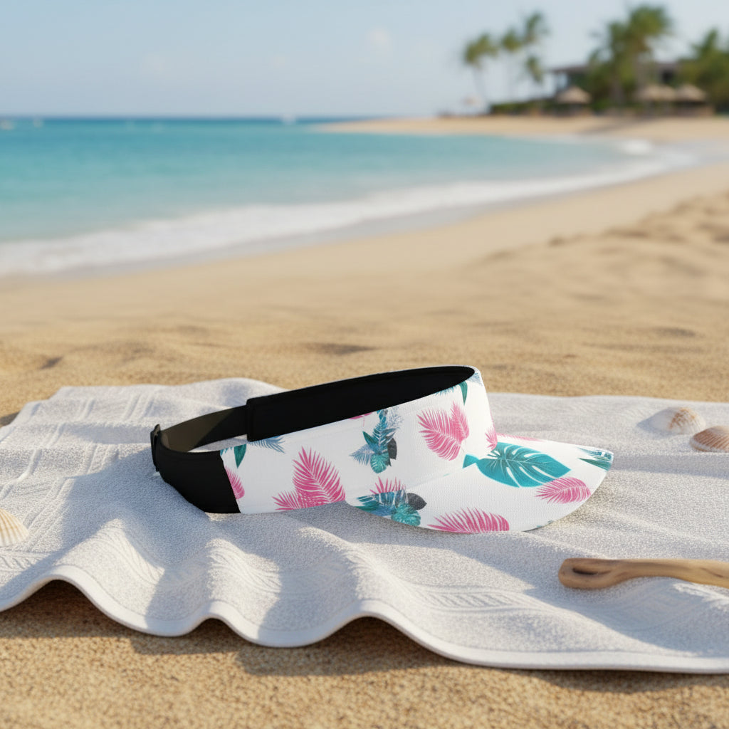 White sun visor with black elastic strap with colorful leaf pattern on a white towel with a beach background