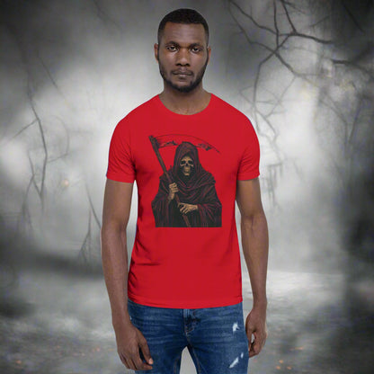 Man wearing a red t-shirt with a graphic design on a white background