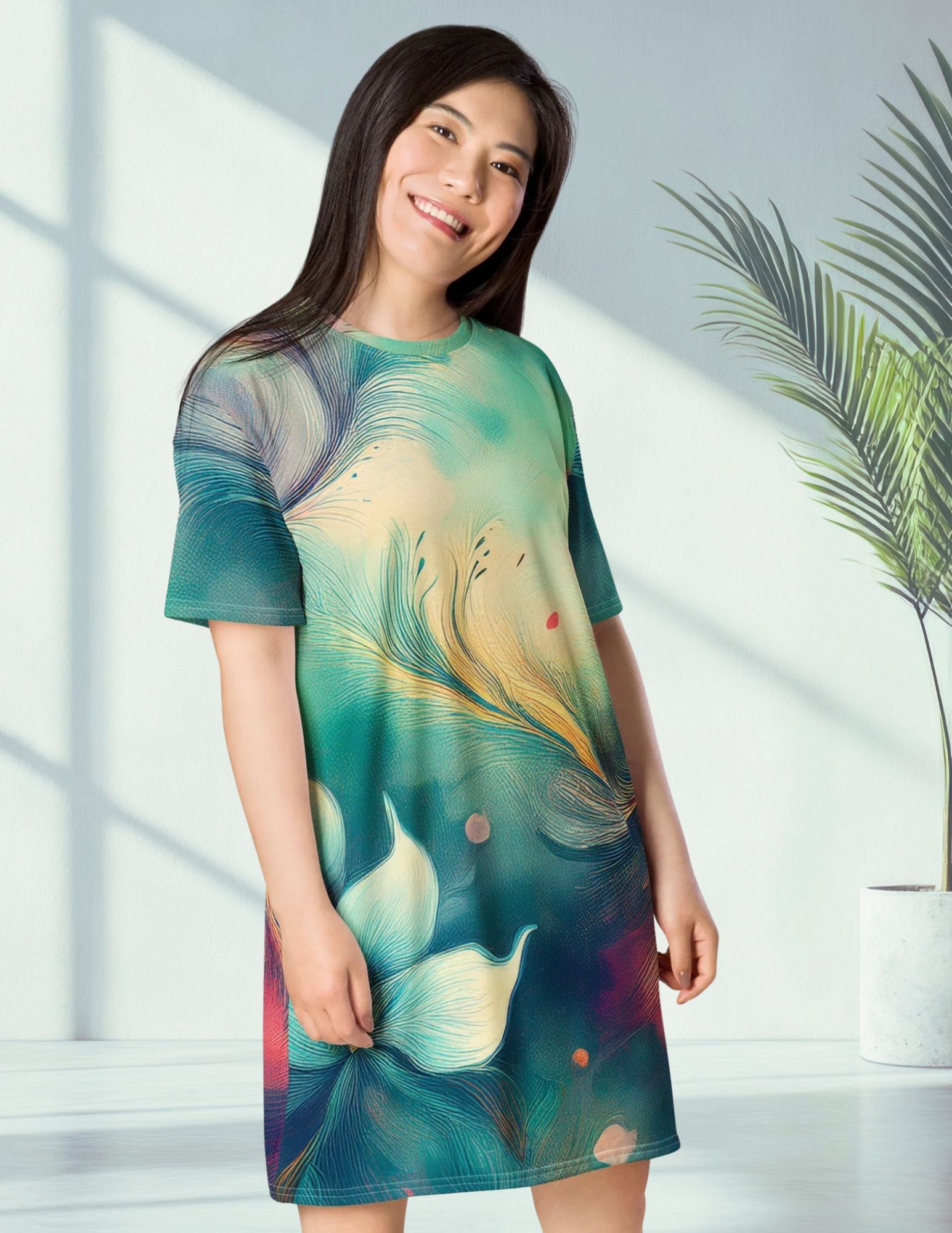 Vibrant Earthy Plant T-Shirt Dress - Tropical Botanical Style T-Shirt Dresses Savvishly Savvique XS 